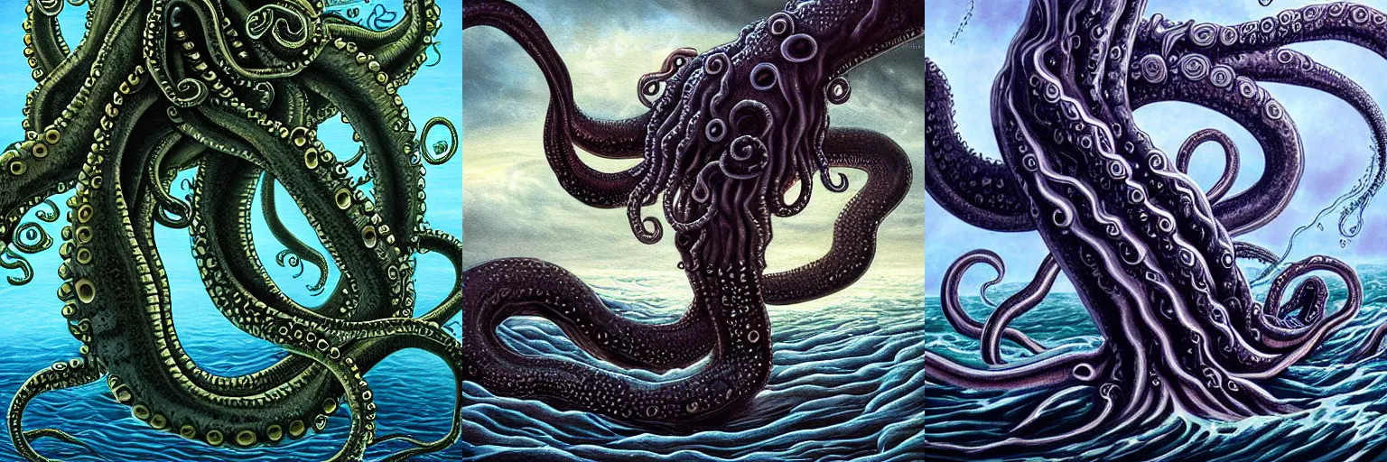 Prompt: detailed painting of a huge cthulu kraken tentacle coming out of the sea in a storm, highly detailed, beautiful artwork, lovecraftian horror style