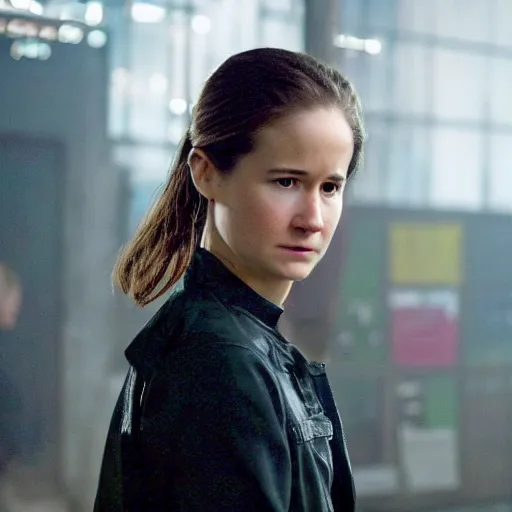 Prompt: film still of cyborg katherine waterston in the movie black rain, realistic, 8 k