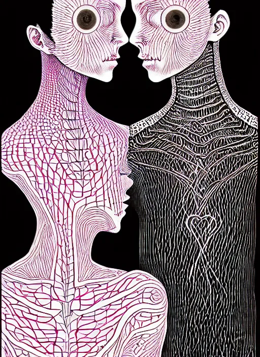 Image similar to 1 px color ink art by junji ito, perfectly centered symmetrical balanced male and female portrait of man and woman in love sharing one heart. high coherence ; fractal geometrical 8 k ultra hd