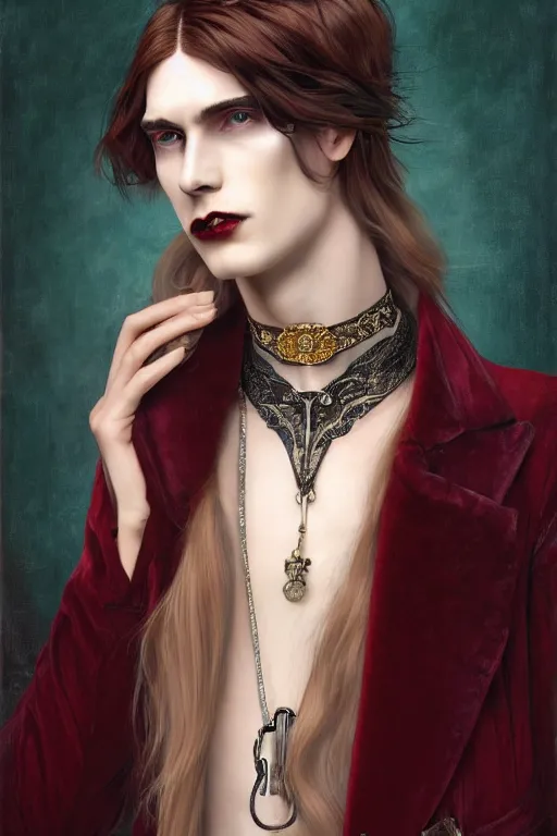 Prompt: a beautiful pretty androgynous man, long hair, tall and thin, vampire, dressed in velvet, glam fashions, wearing several pendants and a choker, illustration, dramatic lighting, soft details, painting oil on canvas, art nouveau, octane render, hdr, 4 k, 8 k, hd, by edmund blair leighton, brom, charlie bowater, faces by otto schmidt
