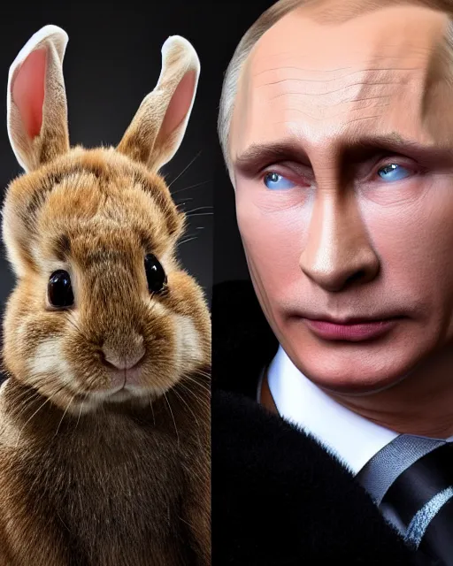 Image similar to headshots of vladimir putin sitting in a makeup chair wearing highly detailed rabbit prosthetic makeup in the style of rick baker, vladimir has long rabbit ears, rabbit fur, rabbit snout, studio lighting, soft focus