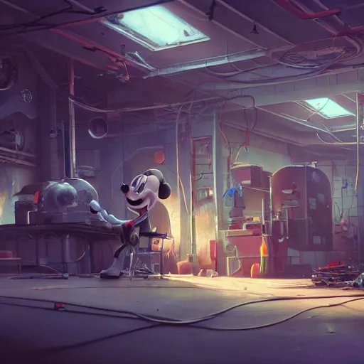 Image similar to mechanics fixing bloody mickey mouse head, mechanic facility, made by beeple, cgsociety, artgerm, greg rutkowski, highly detailed intricate 4 k art, low light cinematic, octane render, unreal engine,