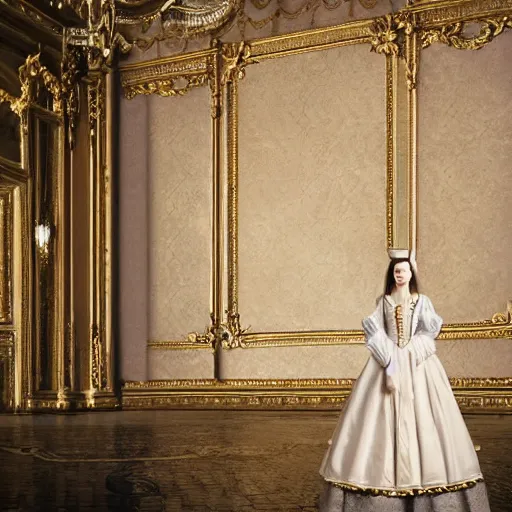 Prompt: francesca findabair in versailles, wow 4 k detail fantasy, matte painting, realistic materials, photo realistic, postprocessing, cinematic, hyperrealistic, studio lighting, ekaterina, the tudors, photography by richard jenkins