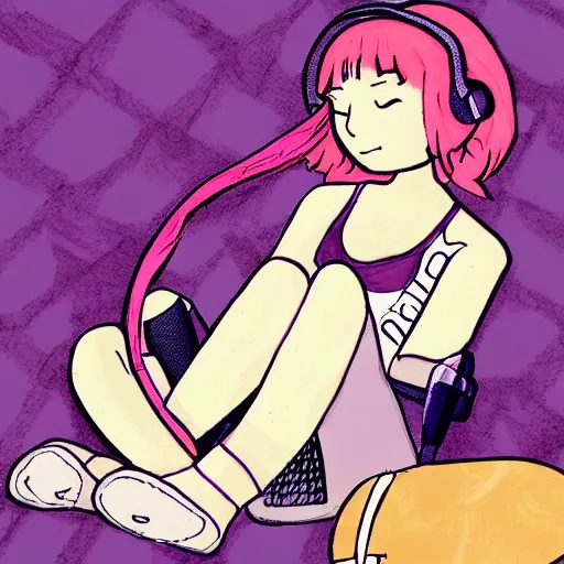 Prompt: lofi hiphop girl sitting in her room with headphones on by Logan cure