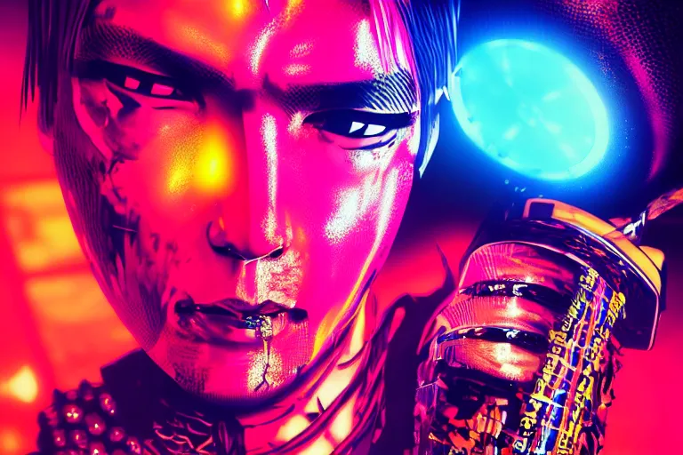 Prompt: pop art of a punk at a japanese metal concert in a cyberpunk world, bright neon colors, intricate details, complementary colors, detailed face, backlighting, octane render, depth of field, extremely detailed, trending in artstation, focus on face, sharp focus, radiant light, beautiful composition