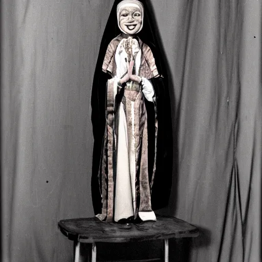 Prompt: Hildegard Von Bingen ventriloquist dummy on a stool, 35mm film