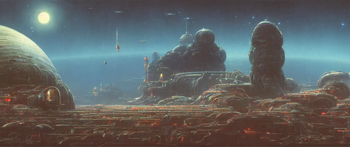 Image similar to a wide shot of a large distant hi-tech sci-fi spaceship from the outside, with a lot of bright color lights, bridges, turrets, pipes, orbiting a gas giant planet, beautiful, volumetric light, photography, color, intricate, extremely detailed, photorealistic, a painting by Beksinski