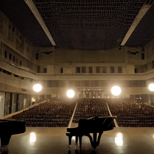 Prompt: a large scale public art installation. big mirror floor reflect piano on center and single big suspended sphere with projected space visuals on it inside giant and dark venue. neo classical music piano concert with fog, hazer in dark lights