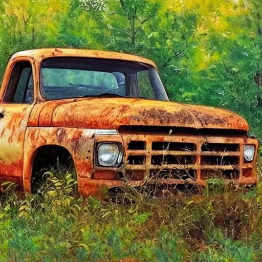 Prompt: Realistic impressionist painting of an old rusty pickup truck overrun by kudzu