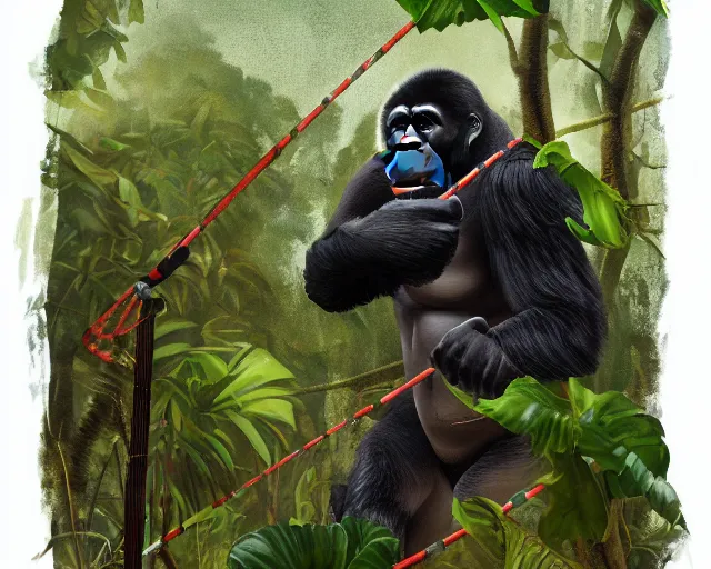 Image similar to a gorilla holding a volleyball and playing volleyball in a jungle, volleyball net, in the style of greg rutkowski, high detail