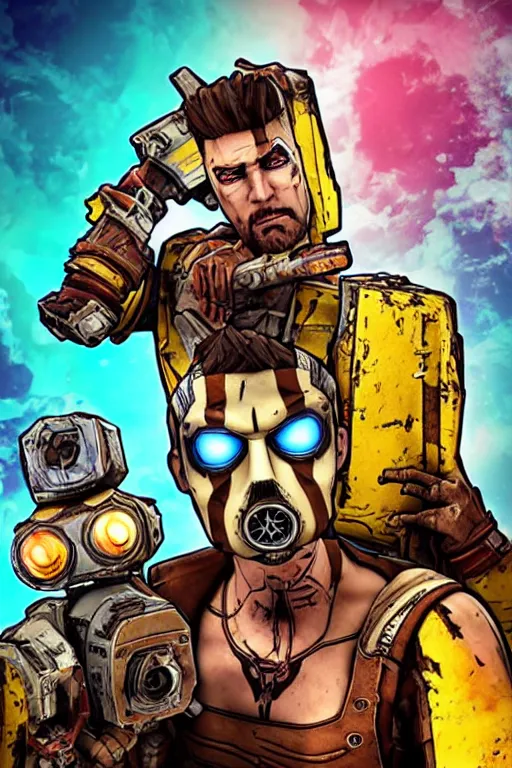 Image similar to borderlands 2 game poster handsome jack, claptrap