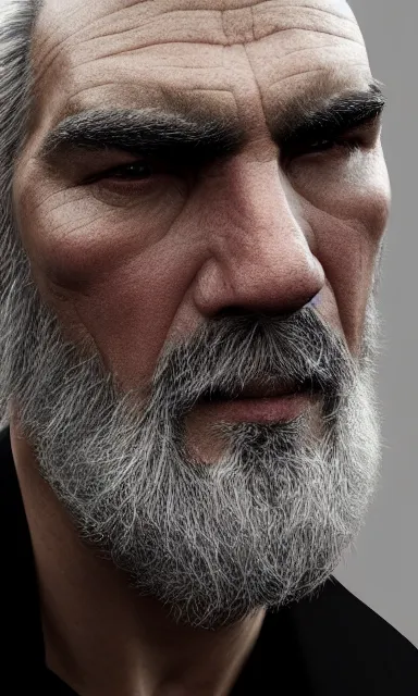Prompt: face closeup covered with 5 0 year old man, gren grey eyes, pale skin, grey beard, long grey hair, symmetric face, 3 d render, hyper - realistic detailed portrait, ruan jia, wlop