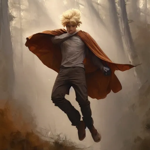 Prompt: blonde boy wearing a brown cape and flying, detailed face, highly detailed, powerful, forest background, oil painting, brush strokes, greg rutkowski