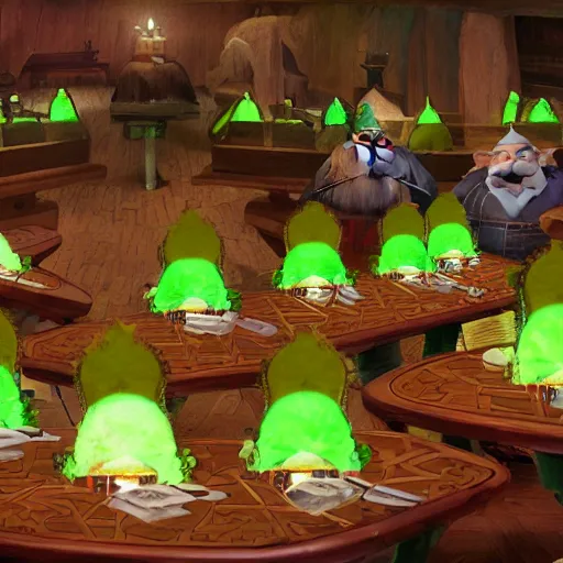 Image similar to You stand inside a bustling gnomish casino. Around the large cave, lit by suspended petchum lanterns, you see various large tables with green felted tops. Each table hosts games of both chance and strategy that the gnomes love. From a counter in the far left corner, Felcher presides over his establishment with pride.