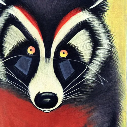 Image similar to Bauhaus painting of a juggalo raccoon