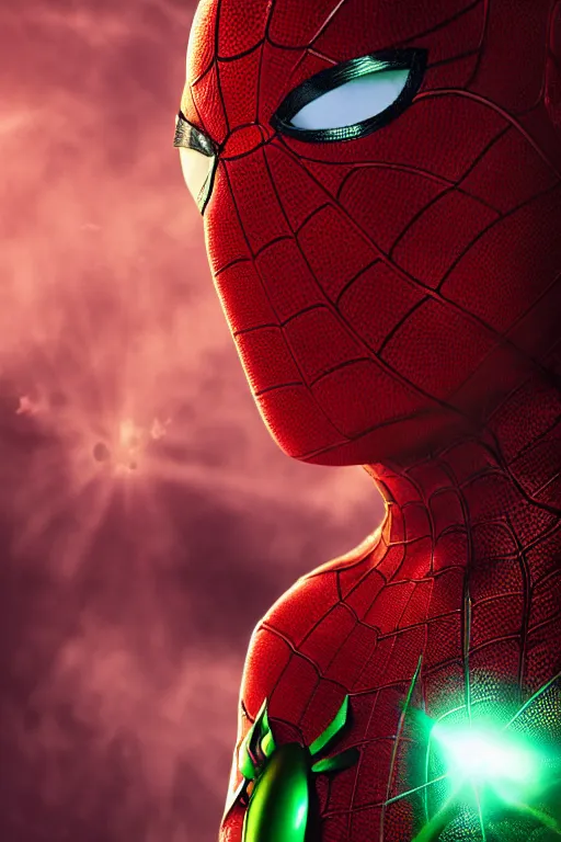 Prompt: green spider-man, character poster, dramatic lighting, atmospheric dust, red lens flare