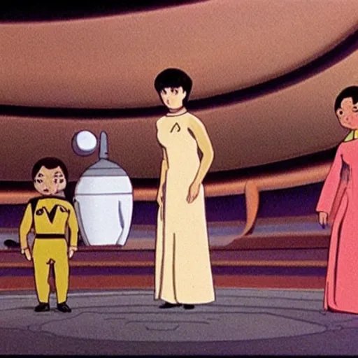 Image similar to movie still of star trek, woman in dress, studio ghibli