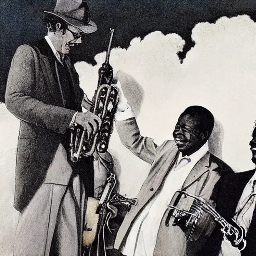 Image similar to Bob Dylan with his guitar and harmonica at the gates of heaven is greeted by Louis Armstrong blowing a trumpet by Maxfield Parrish and Glen Rutkowski and Raphael