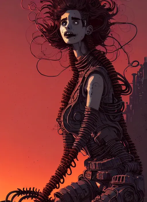 Image similar to highly detailed portrait of wasteland punk long curly fire hair tribal lady, stray wiring by atey ghailan, james gilleard, by joe fenton, by greg rutkowski, by greg tocchini, by kaethe butcher, 4 k resolution, gradient red, orange, black and white color scheme!!! ( ( flaming robotic dystopian city spiral background ) )