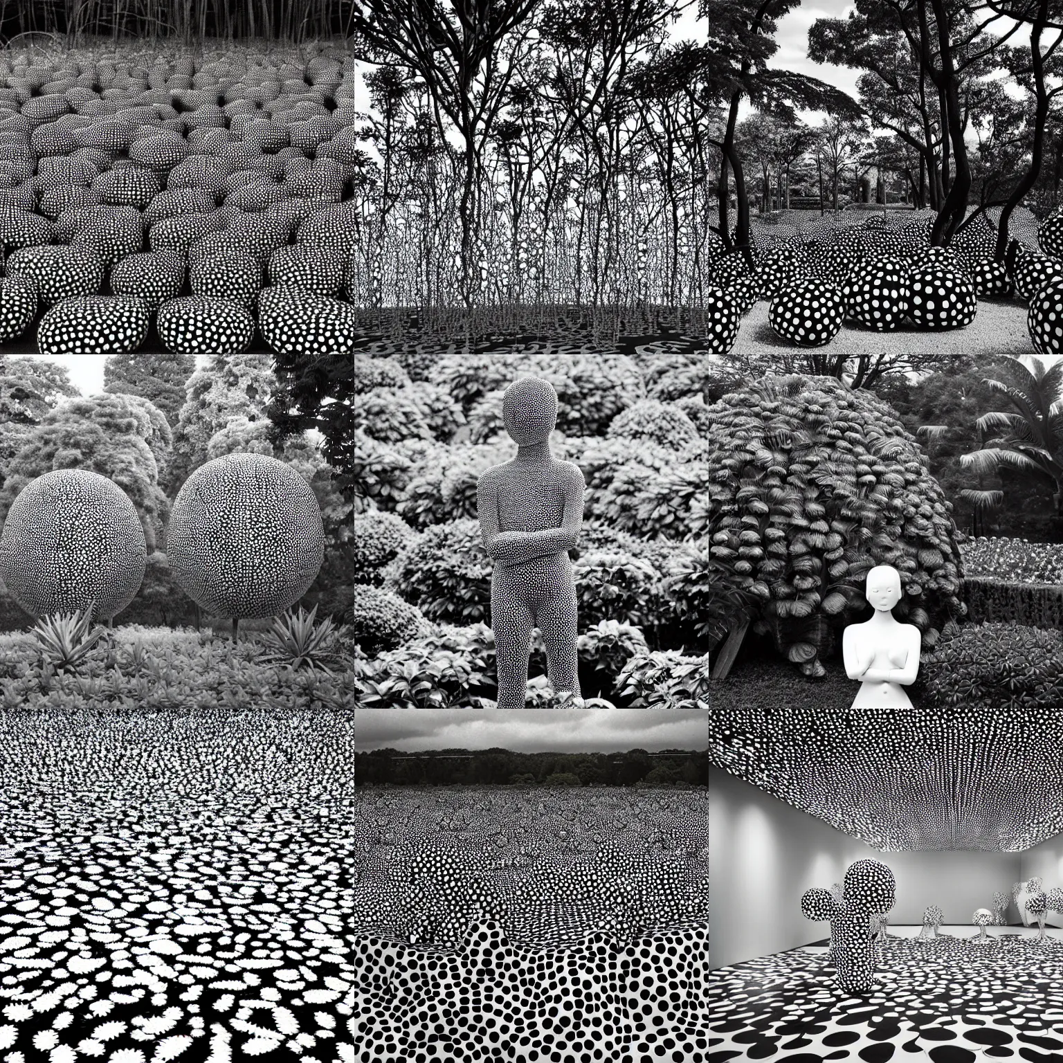 Prompt: Sculpture by Yayoi Kusama at the Botanical Garden, award-wining studio photograph, black and white