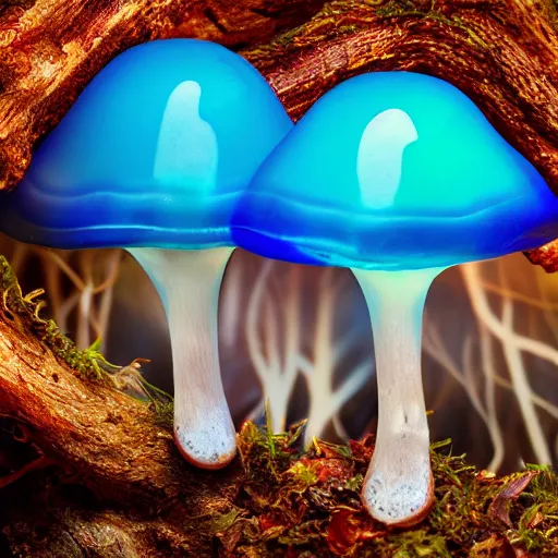 Image similar to blue glowing jello mushrooms in a mystical forest, high detail