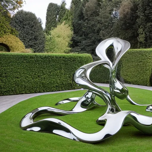 Image similar to giant Italian modern castle formal garden with a modern stainless steel organic shaped modern sculptures with mirror finish by Tony Cragg, photo by Annie Leibovitz