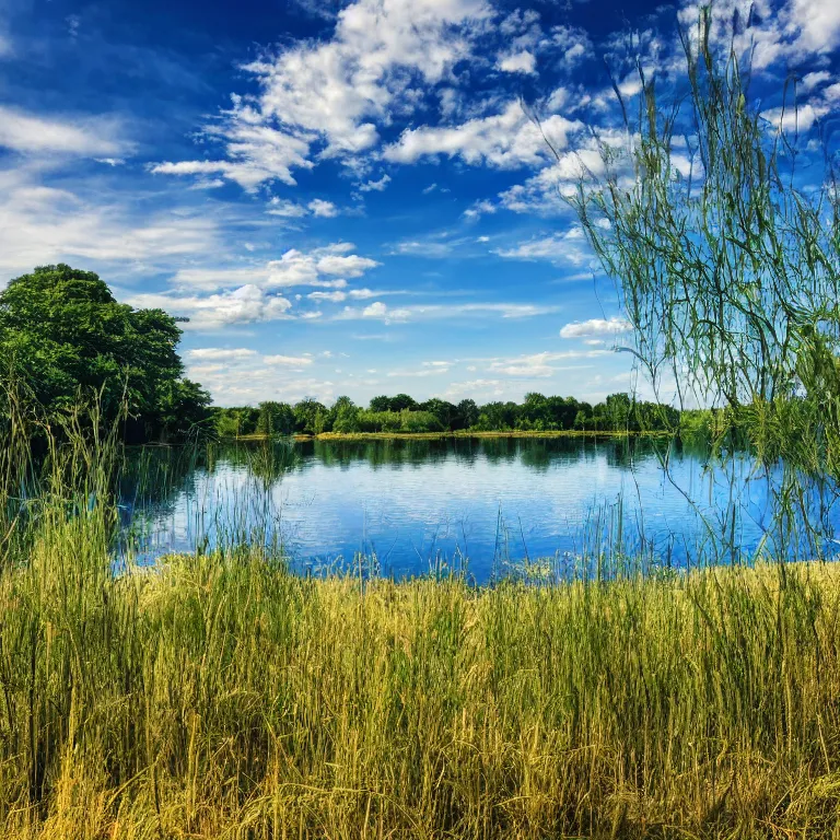Prompt: A photo of a lake on a sunny day, blue sky with clouds, beautiful, small reeds behind lake, bushes in the foreground, varied trees in the back, summer, 4k, Kieran Stone, Mandy Lea, Sapna Reddy wallpaper, nature photography