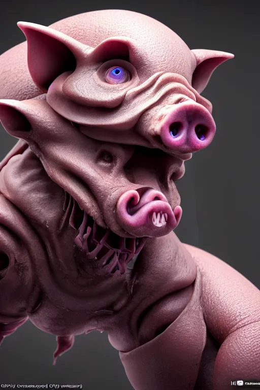 Prompt: skin concept, pig, biopunk, threes, teeth, many details, crystals, guyver style, 3 d, cinematic, hyper realism, high detail, octane render, art by hans giger