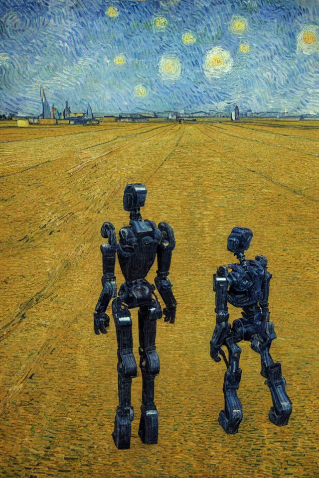 Prompt: concept art of the back view of one humanoid robot on the ground, many distant big tall buildings far away, vast wheat fields, by van gogh, godrays, atmospheric, cinematic, distant world, wide angle, detailed