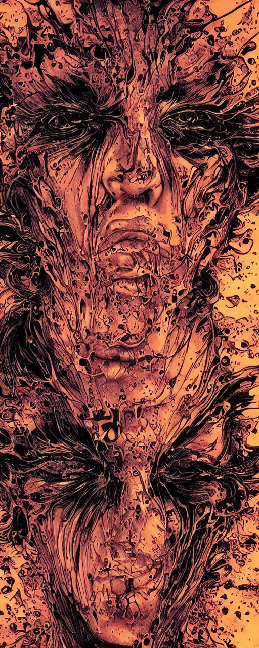 Prompt: closeup of face melting in agony, inside dark oil, frontal picture, by yoichi hatakenaka, masamune shirow, josan gonzales and dan mumford, ayami kojima