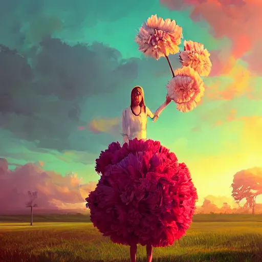 Image similar to giant carnation flower head, frontal, girl in a suit, surreal photography, sunrise, dramatic light, impressionist painting, digital painting, artstation, simon stalenhag