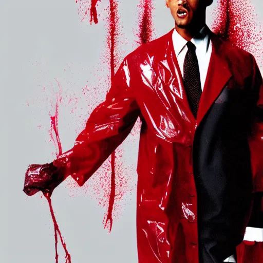 Image similar to Will Smith in American Psycho wearing a transparent raincoat with dark red splashes of paint, 4k