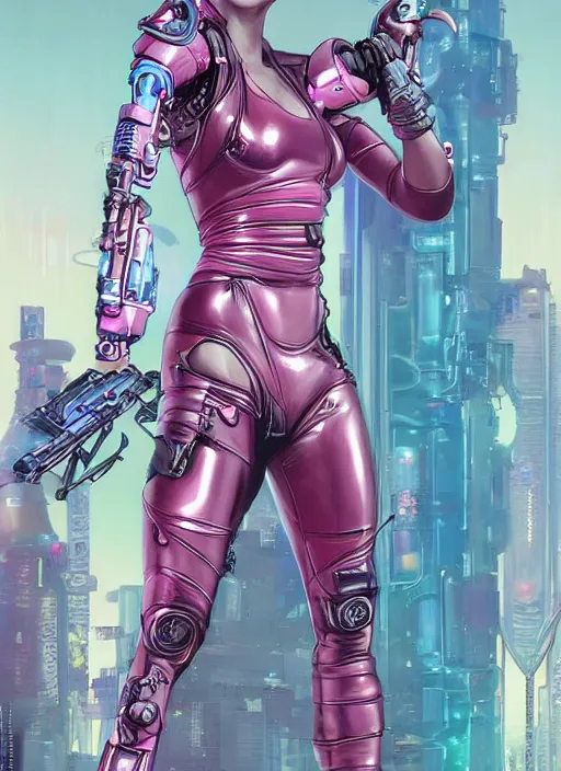 Prompt: beautiful cyberpunk female athlete in pink jumpsuit. lady with blades in arms. ad for cybernetic blade arms. cyberpunk poster by james gurney, azamat khairov, and alphonso mucha. artstationhq. gorgeous face. painting with vivid color, cell shading. ( rb 6 s, cyberpunk 2 0 7 7 )