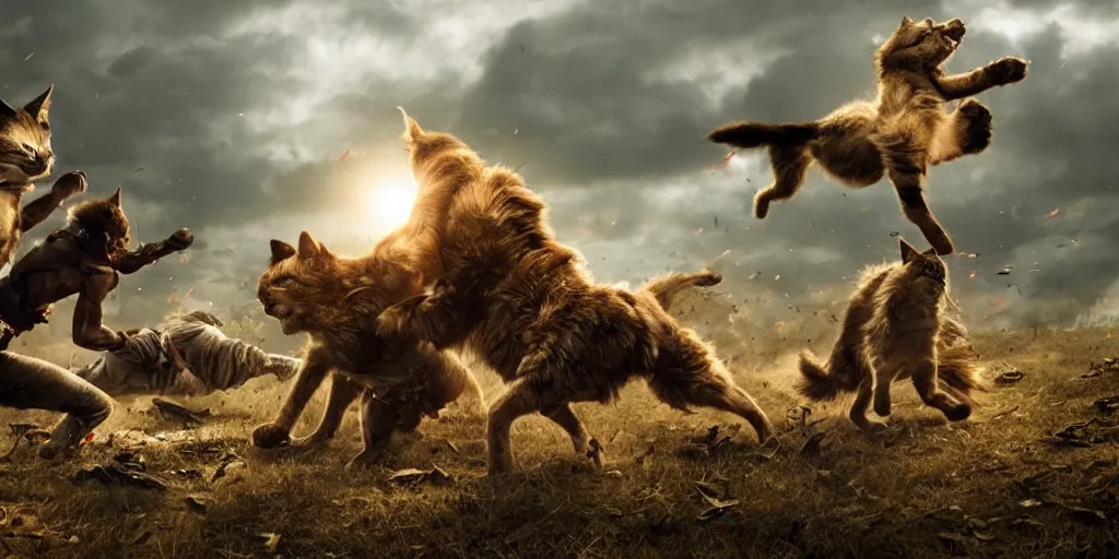 Prompt: epic battle scene cats versus dog, the last stand, Epic Background, highly detailed, sharp focus, 8k, 35mm, cinematic lighting