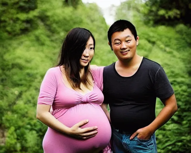 Image similar to “ maternity photo of a pregnant asian gay couple, skinny, handsome ”