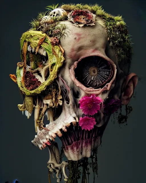 Image similar to a extremely disturbing horror photograph of a creature made out of rotten flowers and nature and fungus and bones, hyperrealism, sharp focus, cinematography, highly detailed, octane render, horror cgi 4 k, matte, photograph by professional photographer