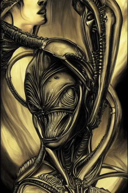 Image similar to portrait of a beautiful young gillian anderson with alien xenomorph queen by h.r. giger, detailed, proportional, trending on art station, 4k