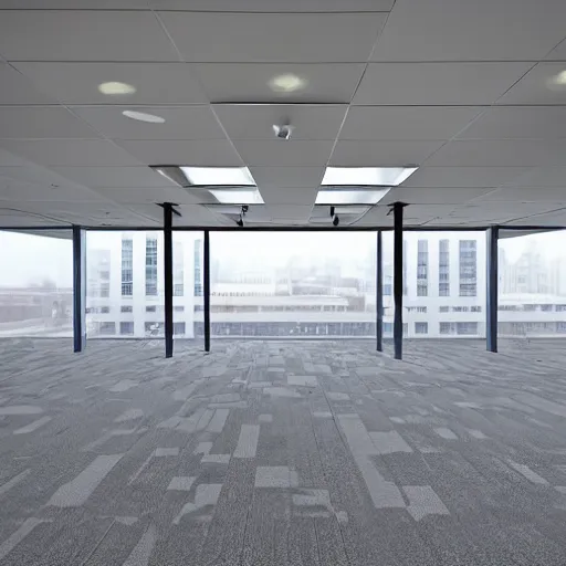 Prompt: the “Abandoned Office”, is an expansive, empty structure, with architecture resembling a modern office building. Despite this, Level 4 is entirely devoid of furniture and other accessories one would typically expect to find in an office. Excluding the abalone-gray concrete pillars scattered about, spots on the carpet of the level appear to indicate that furniture may have been previously present at one point in time 4k, HD, photorealistic