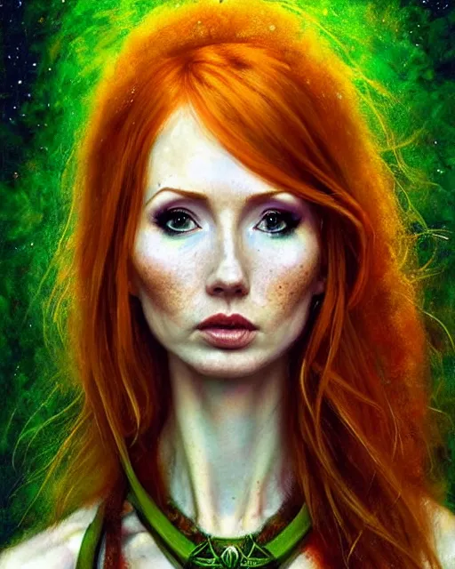 Prompt: karen gillan as female druid, perfect face, thin antlers, green halter top, ginger hair, abs, cinematic, freckles, stunning, athletic, strong, agile, highly detailed, psychedelic, digital painting, artstation, smooth, hard focus, illustration, art by jessica rossier and and brian froud