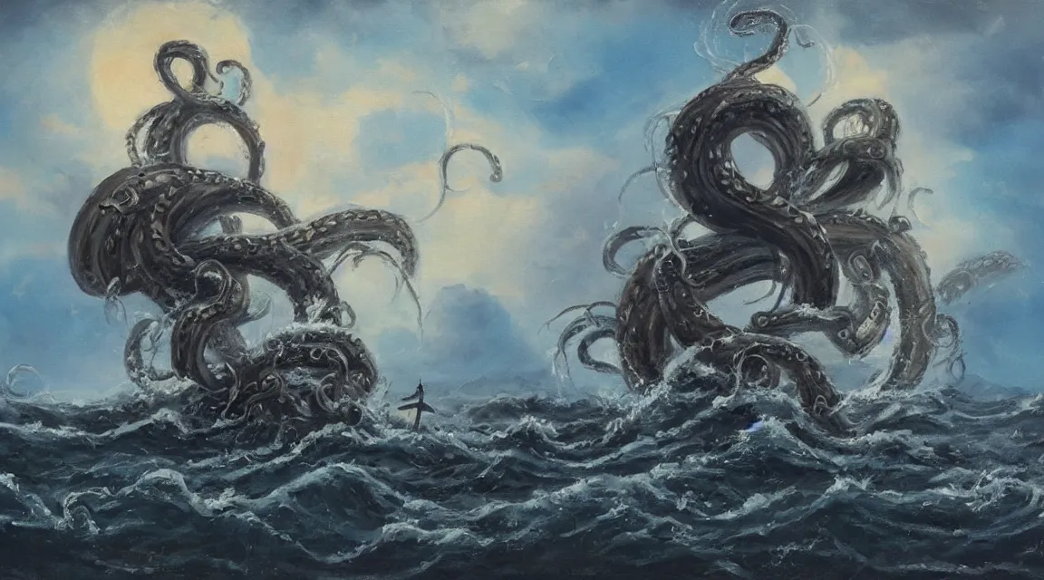 Image similar to oil painting of a kraken attacking a pirate ship