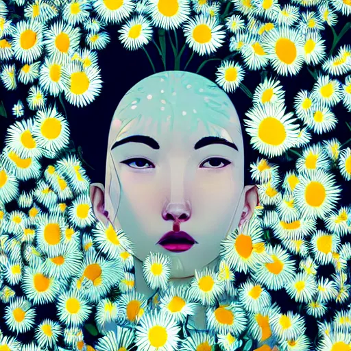 Image similar to closeup, huge daisy flower head, woman in modern apartment, surreal photography, dramatic light, by victo ngai by james jean, by rossdraws, frank franzzeta, mcbess