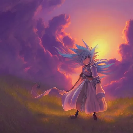 Prompt: painting of vivi from final fantasy 9!!!!!, watching a purple and orange sunset!!, from the black mage cemetery!!!, in the style of justin gerard!!!!