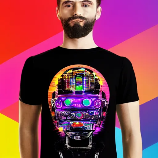 Image similar to mockup of a black tshirt with a hyperdetailed portrait of a trippy cyberpunk robot, 8 k, symetrical, flourescent colors, happy mood, multicolored,