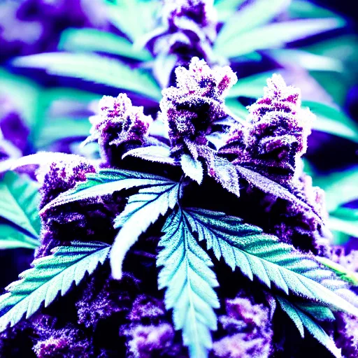 Prompt: photo of single indoor marijuana plant with dense purple frosty nugs, closeup, 4 k, cinematic