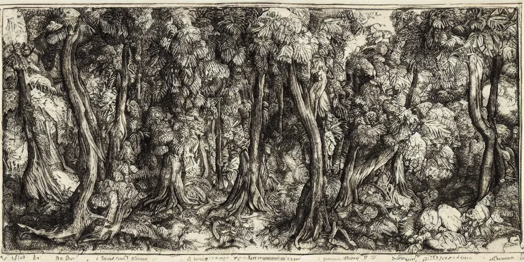 Prompt: A ready made by Marcel Duchamp, in a tropical forest by Albrecht Dürer, ink, engraving, 17th century, landscape