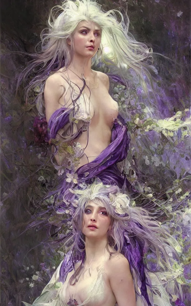 Image similar to hyperrealist portrait of a night fairy with white hair and purple eyes, wearing a long robes that fall like stars, by jeremy mann and alphonse mucha, fantasy art, photo realistic, dynamic lighting, artstation, poster, volumetric lighting, very detailed faces, 8 k, award winning