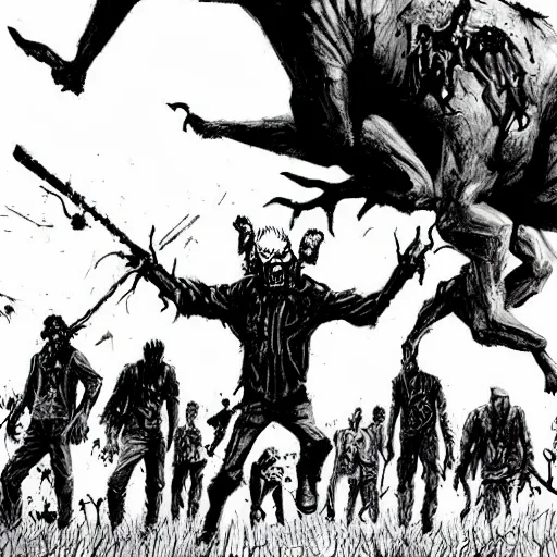 Image similar to zombie horde in an open farm field, drawn by ben templesmith