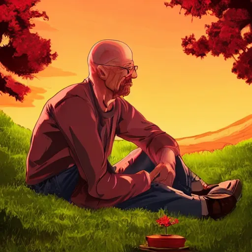 Image similar to featured on artstation walter white sitting under a cherry tree overlooking valley waterfall sunset beautiful image stylized digital art