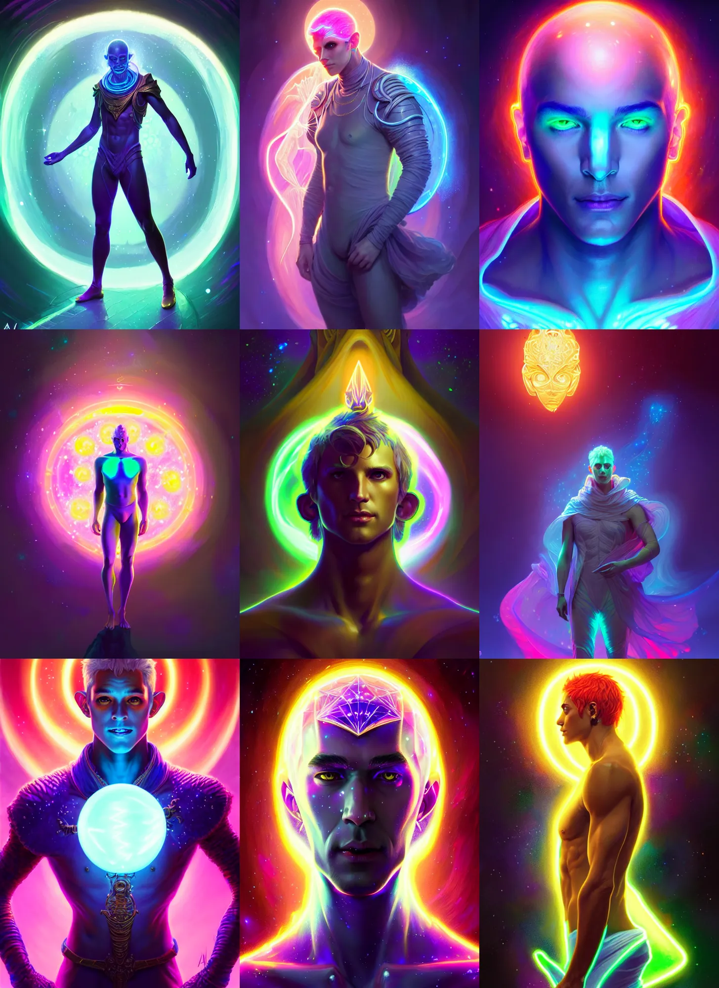 Prompt: a male faceless glowing liquefied stardust adventurer, dnd fantasy character, full body portrait, glowing neon skin, magical aura, ultra realistic, intricate, elegant, highly detailed, digital painting, artstation, smooth, sharp, focus, illustration, art by artgerm and greg rutkowski and alphonse mucha and dan mumford, sacred geometry