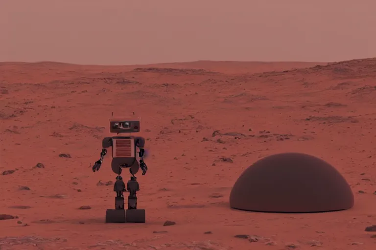 Image similar to a relaxed robot standing on mars looking at a mars base, blender render, 8 k, red lighting, misty, smog,